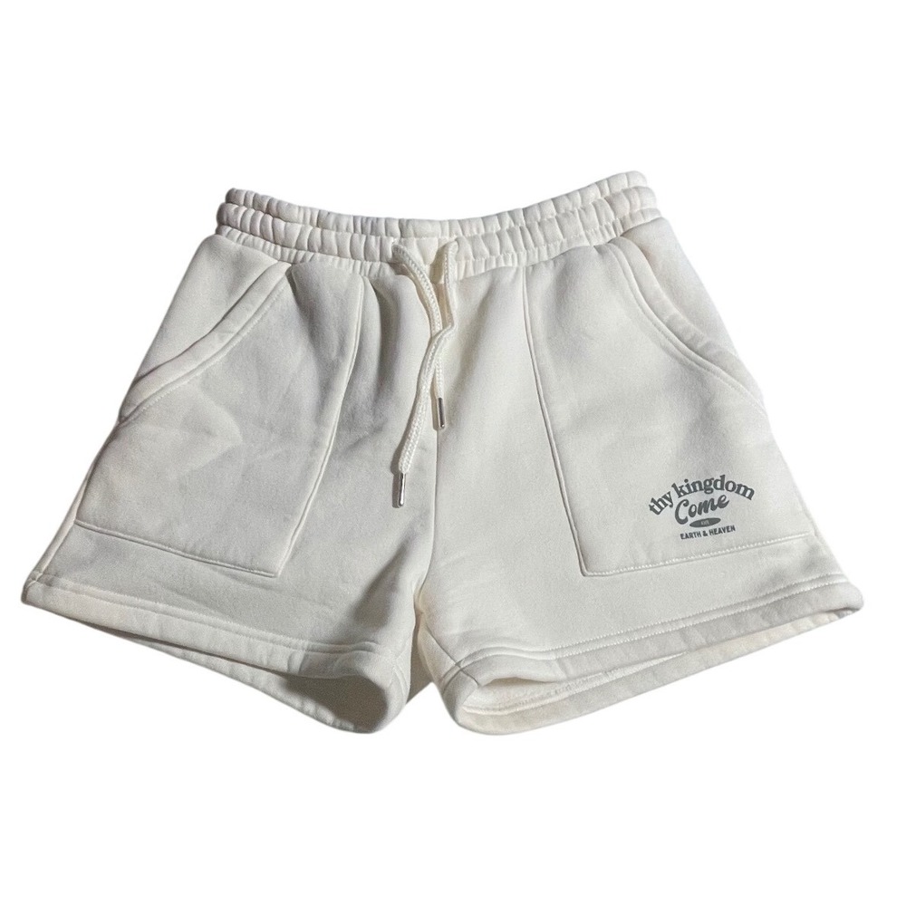 HWLF Thy Kingdom Come Fleece Sweat Shorts Cream Graphic Pockets Womens Medium